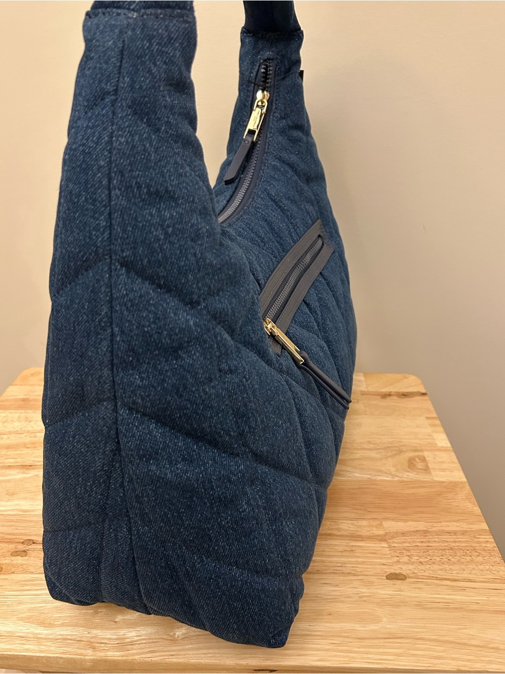 Karl Lagerfeld Quilted Dark Blue Denim Shoulder Bag with Gold Logo - Picture 6 of 16